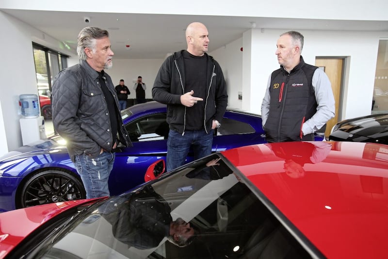 Richard Rawlings and Chris Smith from Gas Monkey with John Walsh Jnr. Picture by Mal McCann. 
