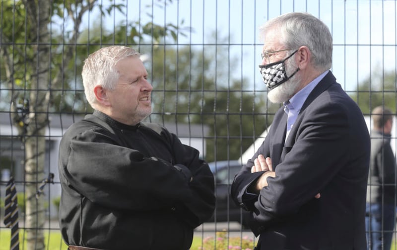 Fr Gary Donegan and former Sinn F&eacute;in leader Gerry Adams pictures at the funeral of Anto Finnegan. Picture by Hugh Russell&nbsp;