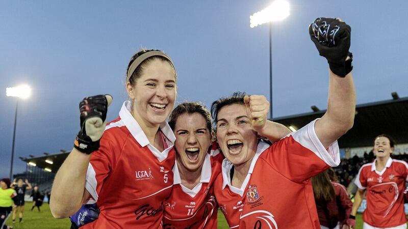 Eileen McElroy (centre) with team-mates Hazel Kingham and Joanne Courtney after Donaghmoyne&#39;s win over Foxrock Cabinteely in the 2016 All Ireland Ladies Football Senior Club Championship Final. McElroy has since lived and worked in Perth, Australia but has returned to help her club get another shot at an All-Ireland title Picture: Sportsfile 