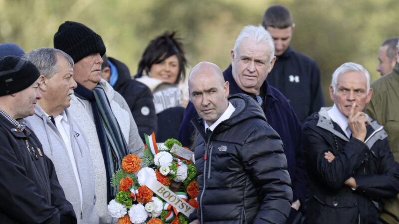IRA killer Sean Kelly (centre) attends a controversial commemoration at Milltown Cemetery in west Belfast for his fellow Shankill Road bomber Thomas Begley, who died alongside the nine victims of the 1993 attack. Picture: PA 