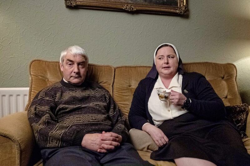Kevin McAleer as Uncle Colm and co-star Siobhan McSweeney as Sr Michael in Derry Girls