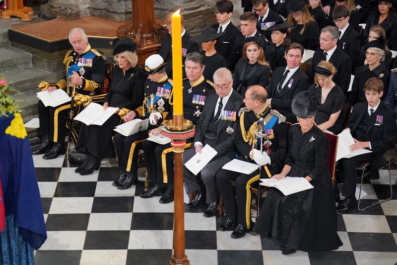 King Charles III, the Queen Consort, the Princess Royal, Vice Admiral Sir Tim Laurence, the Duke of York, the Earl of Wessex, the Countess of Wessex, (second row) the Duke of Sussex, the Duchess of Sussex, Princess Beatrice, Edoardo Mapelli Mozzi and Lady Louise Windsor and James, Viscount Severn, and (third row) Samuel Chatto, Arthur Chatto, Lady Sarah Chatto, Daniel Chatto and the Duchess of Gloucester in front of the coffin of Queen Elizabeth II during her State Funeral at the Abbey in London.