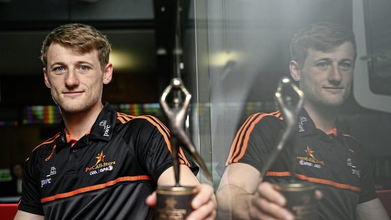 PwC GAA/GPA Player of the Month for May in football, Brendan Rogers of Derry, with his award at PwC HQ in Dublin. <br />Photo by Sam Barnes/Sportsfile