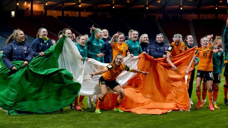 Republic of Ireland players celebrate following victory over Scotland at Hampden Park. UEFA has fined the Football Association of Ireland after its senior women’s team sang a pro-IRA song after their World Cup play-off win over Scotland