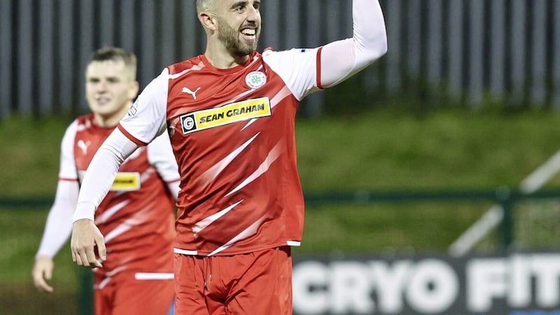 Birthday boy Joe Gormley celebrates his goal in Cliftonville&#39;s 2-0 win over Newry at Solitude on Saturday Picture by Desmond Loughery/Pacemaker 