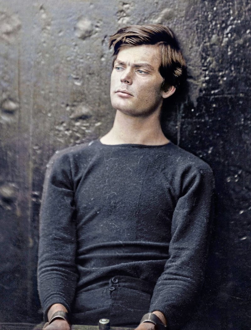 Lincoln assassination plotter Lewis Powell in shackles awaiting trial on the USS Saugus in 1865  