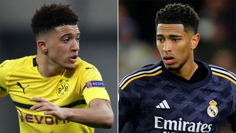 Jadon Sancho, left, will face Jude Bellingham, right, in the Champions League final