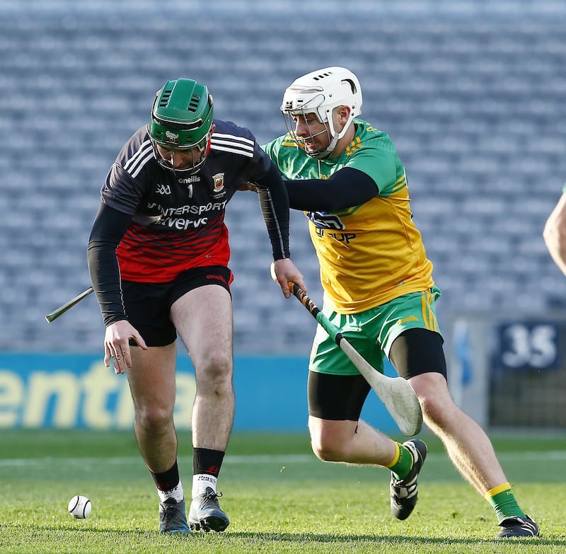 Donegal's Davin Flynn and Mayo's Gerald Kelly  in action during the Nicky Rackard Cup  final at Croke Park, Dublin on Sunday November 22 2020. Picture by Philip Walsh.