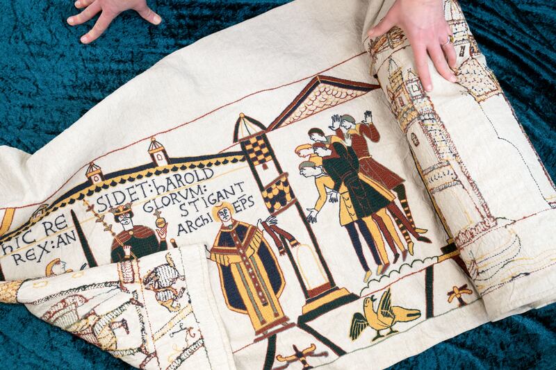Close up detail of Mia Hansson's full-size replica of the Bayeux Tapestry in Wisbech, Cambridgeshire, which has so far taken her almost six years to stitch. (Joe Giddens/ PA)
