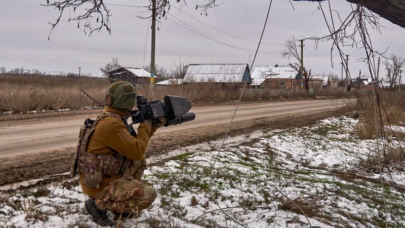A Ukrainian soldier holds an anti-drone gun near Bakhmut, Donetsk region (Shandyba Mykyta, Ukrainian 10th Mountain Assault Brigade “Edelweiss” via AP/PA)
