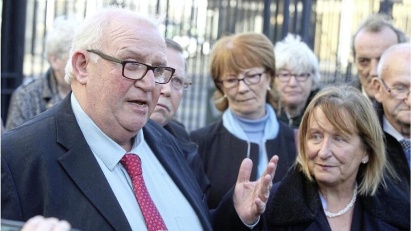 Brother of Frank Quinn Pat and niece of Fr Hugh Mullen Geraldine McGrattan talk to the press outside court in Belfast yesterday on the second day of the Ballymurphy inquest. Picture by Hugh Russell 