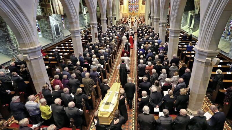 The funeral of retired Bishop of Derry and Raphoe Dr James Mehaffey at St Columb&#39;s Cathedral in Derry on Saturday. Picture by Margaret McLaughlin 
