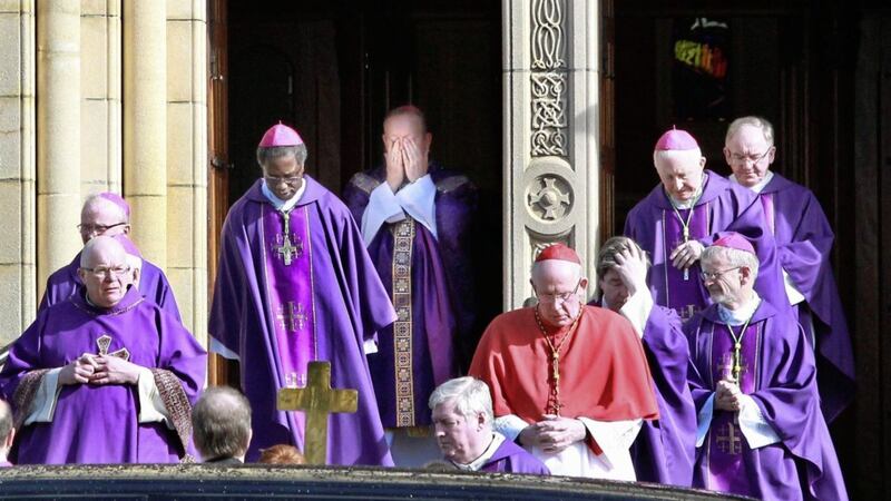 Archbishop Eamon Martin wipes his eyes as he leaves the church. The funeral of Catherine Martin, mother of Archbishop Eamon Martin, at St Patricks Church in Derry on Friday. Pictures by Margaret McLaughlin&nbsp;