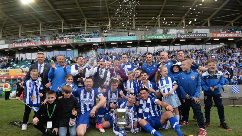 Coleraine players and management celebrate Irish Cup final victory over Cliftonville