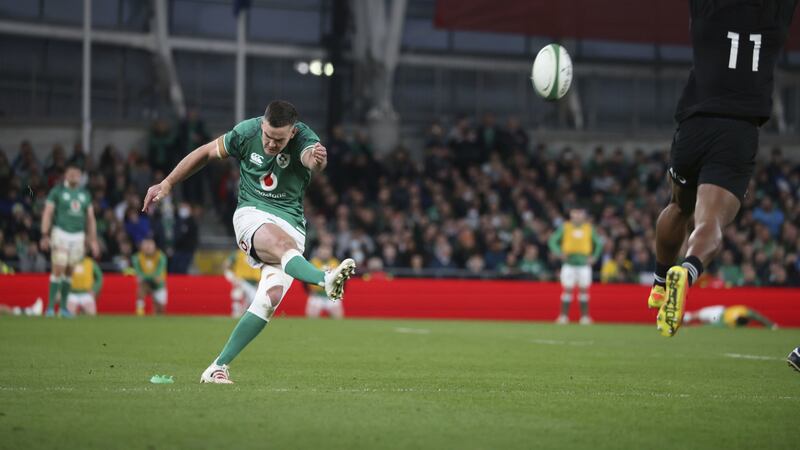 Ireland's Johnny Sexton successfully kicks a conversion during the game against New Zealand at the Aviva Stadium in Dublin&nbsp;