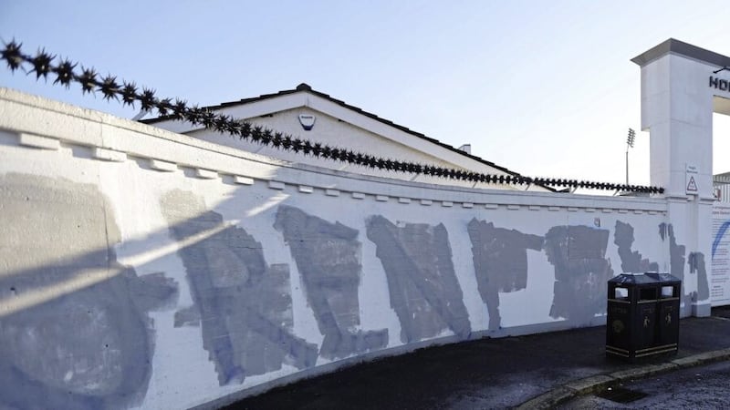 Graffiti referencing Grenfell Tower has been painted on Ulster Rugby&#39;s Kingspan Stadium overnight. Picture by Hugh Russell 