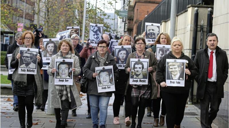 Families of the Ballymurphy Massacre victims outside court in Belfast for the inqust. Picture by Hugh Russell