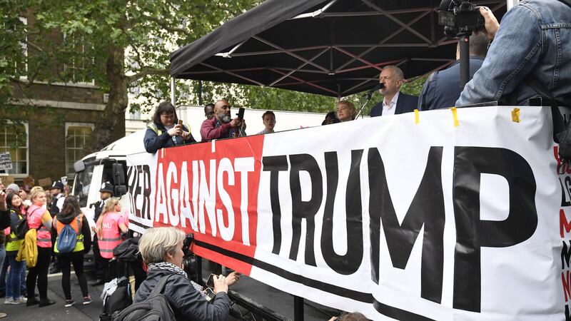 Labour party leader Jeremy Corbyn speaking on stage at an anti-Trump protest in Whitehall, London, on the second day of the state visit to the UK by the US president&nbsp;