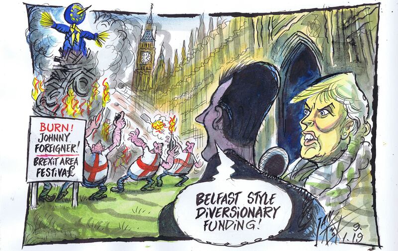 Ian Knox cartoon 9/1/18: Belfast City Council has voted to approve &pound;500,000 in funding for events to reduce tensions around bonfires. Tory MP Anna Soubry is jostled and called a Nazi by a vociferous group of Brexiteers during a television interview &nbsp;