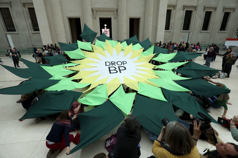 A ‘Drop BP’ sign is displayed at the British Museum in central London during a protest by Extinction Rebellion protesters over the museums sponsorship deal with BP in 2022