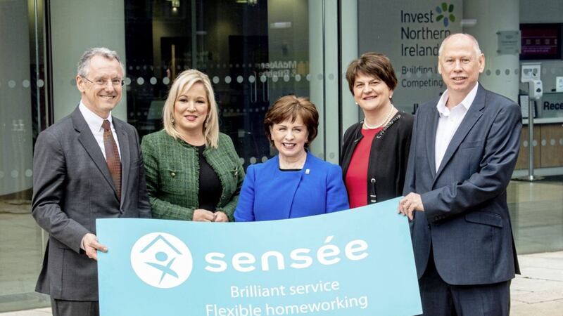 Announcing the 300 home-working jobs are Sens&eacute;e chief operating officer Rob Smale (right) and Invest NI chief executive Kevin Holland (right) with Deputy First Minister Michelle O&rsquo;Neill, Economy Minister Diane Dodds and First Minister Arlene Foster 