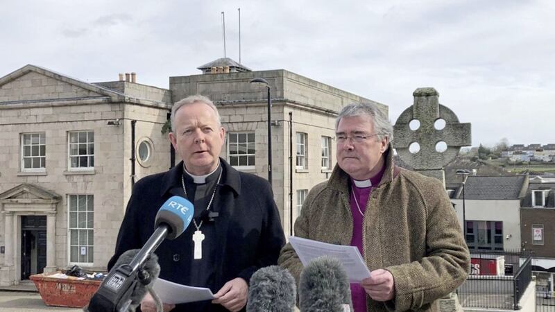 Catholic primate Archbishop Eamon Martin (left) and Church of Ireland primate Archbishop John McDowell speaking to the media in Armagh on the war in Ukraine and the response to the refugee crisis. Picture by David Young, Press Association 