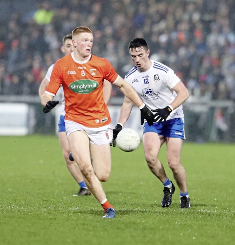 Ciaran Mackin breaks away from Monaghan&#39;s Shane Carey at the Athletic Grounds Armagh. Pic Philip Walsh. 
