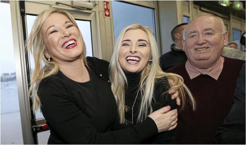 Orlaithi Flynn and Michelle O&#39;Neill in Belfast at the Northern Ireland Assembly election Picture by Hugh Russell. 