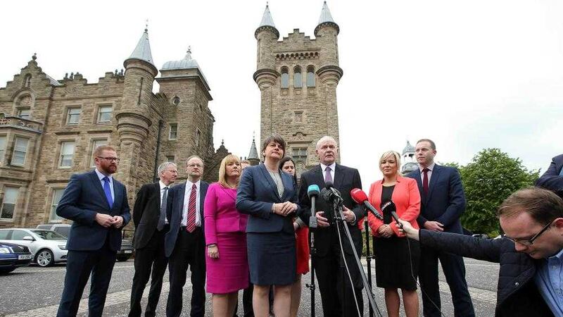 First Minister Arlene Foster and deputy First Minister Martin McGuinness are pictured with Executive colleagues after the first Executive meeting today at Stormont Castle. 