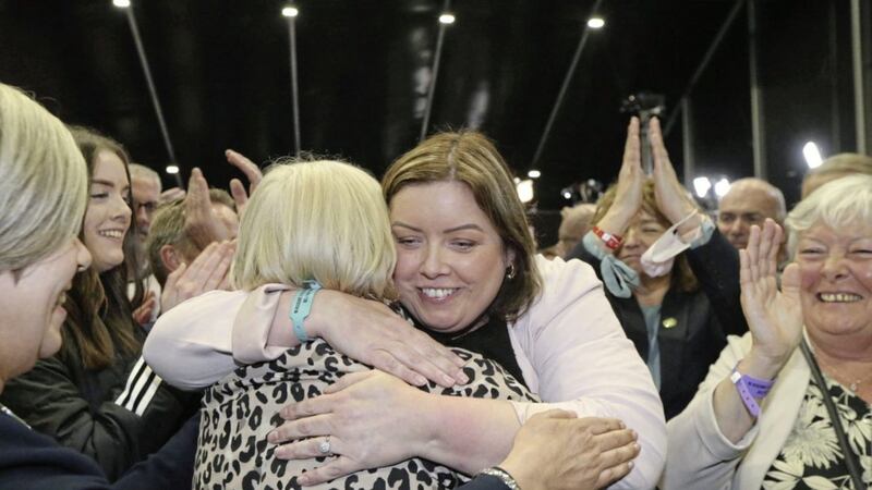 Sinn F&eacute;in&#39;s Deirdre Hargey hugs her mum Anne. Ms Hargey topped the poll in South Belfast. Picture by Hugh Russell 