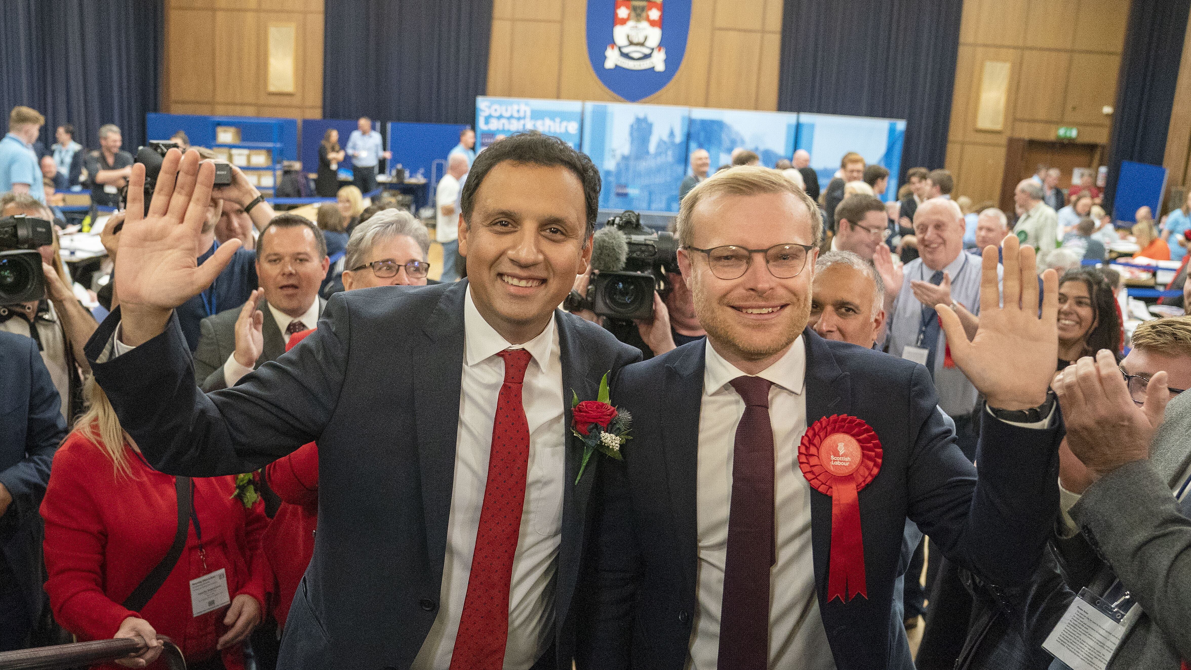 Scottish Labour leader Anas Sarwar celebrates with Michael Shanks after the party won the Rutherglen and Hamilton West byelection. (Jane Barlow/PA)