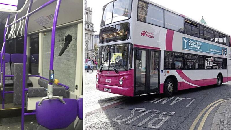 A Metro bus in central Belfast, and left, a Glider bus window smashed on Falls Road in the west of the city 