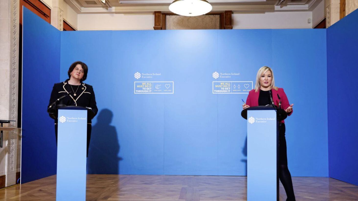 First Minister Arlene Foster and Deputy First Minister Michelle O'Neill pictured during their regular press briefings in relation to the Covid-19 pandemic