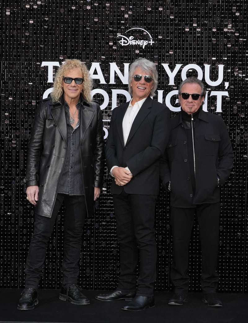 David Bryan, Jon Bon Jovi and Tico Torres of the band Bon Jovi attend the UK premiere of Disney+ series Thank You, Goodnight: The Bon Jovi Story