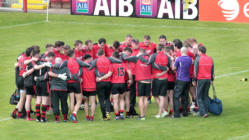 The Down panel have a team talk ahead of their Ulster SFC defeat to Derry at Celtic Park earlier this year<br />&nbsp;