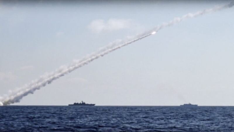 Long-range Kalibr cruise missiles are launched by a Russian Navy ship in the eastern Mediterranean PICTURE: Russian Defense Ministry Press Service via AP 
