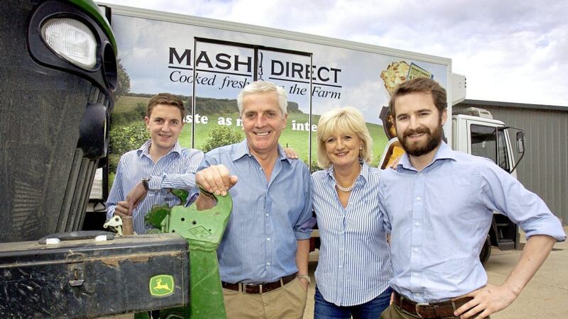 Lance, Martin, Tracy and Jack Hamilton at the family farm in Comber ahead of this week&#39;s launch of several Mash Direct products into the US market 