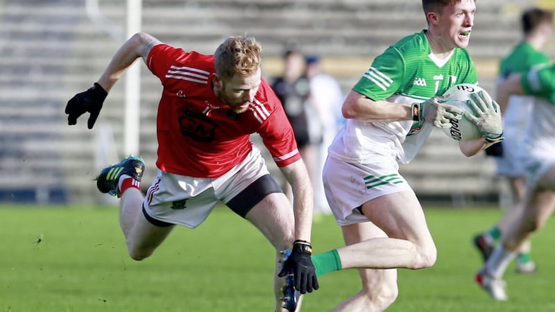 Drumlane&#39;s Darragh Dolan and Newtownbutler&#39;s James Connolly in action during the 2022 Ulster GAA Football Junior Club Championship semi-final between Drumlane aand Newtownbutler at St Tiarnachs Park Clones 				Picture: Philip Walsh. 