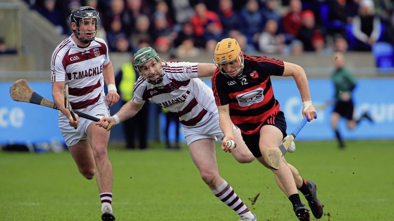 Ballygunner&#39;s Peter Hogan escapes the attention of Slaughtneil pair Gerald Bradley and Meehaul McGrath during yesterdays All-Ireland club semi-final clash at Parnell Park. Picture by Seamus Loughran 