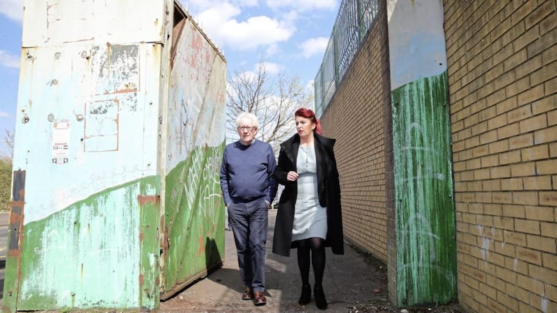 Shadow Secretary of State Louise Haigh visits Lanark Way in west Belfast yesterday with Shankill community worker Jackie Redpath. Picture by Hugh Russell 