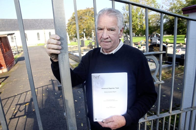 Eamon Cairns the father of 22-year-old Gerard Cairns and 18-year-old brother, Rory, who were shot dead in their home at Bleary, near Lurgan, on 28 October 1993 holds a copy of the HET report into his sons murders. Picture by Mal McCann. 