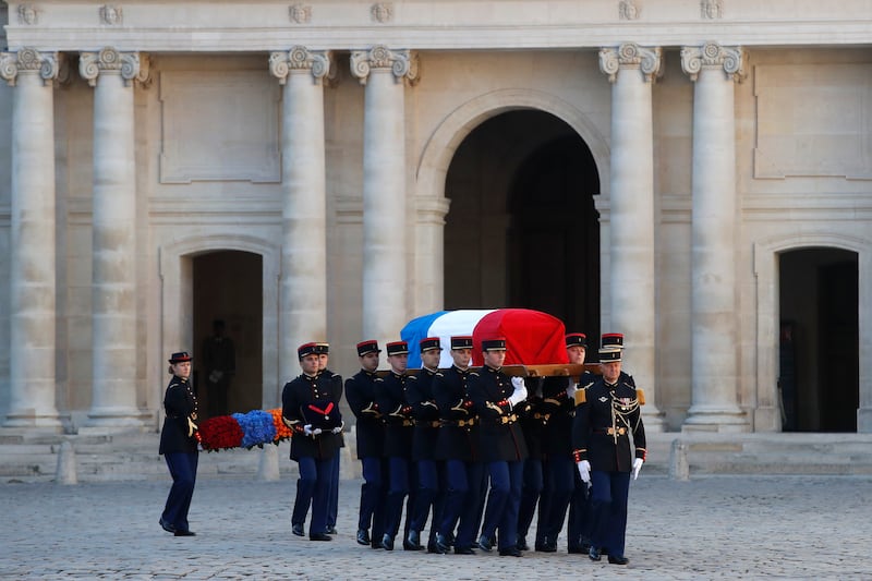 Soldiers carry the coffin of Charles Aznavour during a ceremony in Paris