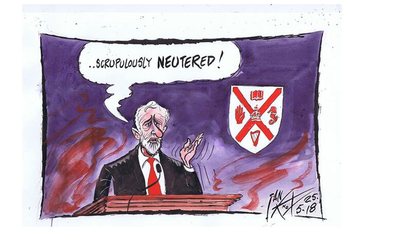Ian Knox crtoon 25/5/18: In a speech at QUB Jeremy Corbyn pledges that were he PM his government would be neutral in the event of a border poll. The rest of the speech was less committal&nbsp;