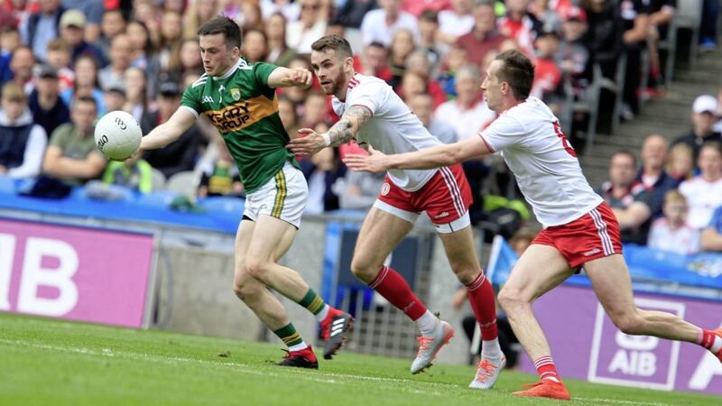 Tyrone's Colm Cavanagh (right) and Ronan McNamee and Kerry's Paul Murphy in action during the Electric Ireland GAA Football All-Ireland Senior Championship semi-final between Tyrone and Kerry at Croke Park, Dublin on Sunday August 11 2019. Picture by Philip Walsh.