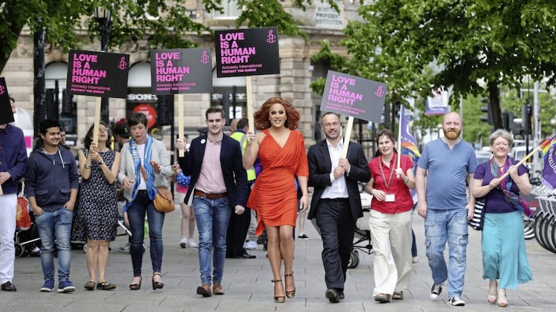Lady Portia Di&#39;Monte (Marcus Neill-Hunter) in Belfast ahead of the marriage equality march and rally. Picture by Hugh Russell 