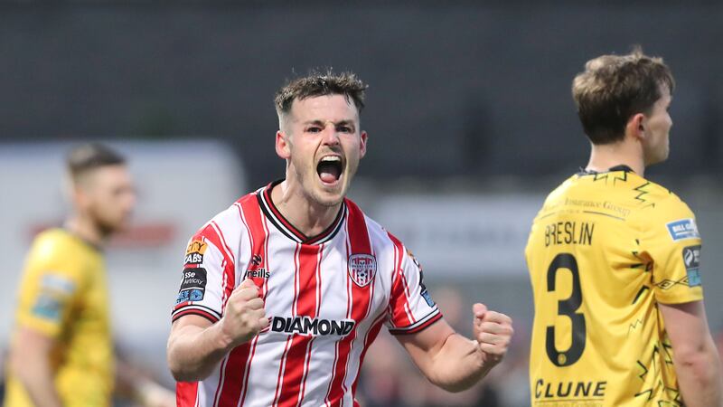 Danny Mullen celebrates scoring for Derry City in their win over St Pat's Athletic on Monday night
Picture: Margaret McLaughlin