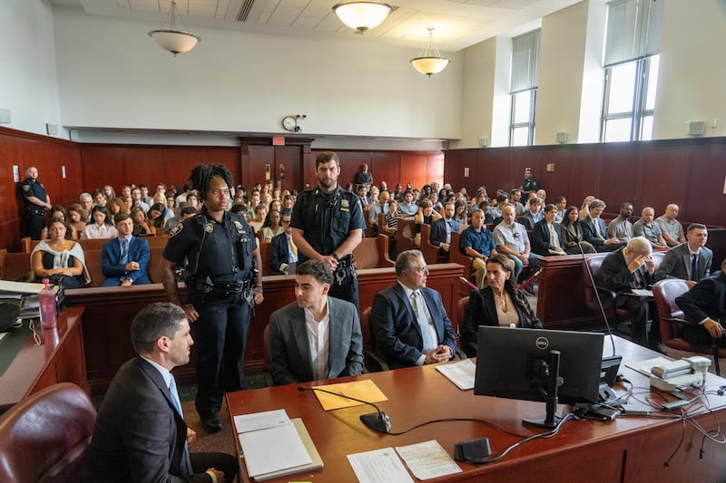 Luigi Mangione at a pre-trial hearing at Manhattan Criminal Court in New York on Tuesday (Steven Hirsch/New York Post via AP, Pool)