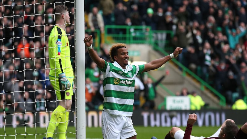 Scott SInclair celebrates one of his two goals in Celtic's 4-0 win over Hearts in January. The striker hopes to repeat the feat at Tynecastle tomorrow where his winning goal started Celtic's incredible season back in August