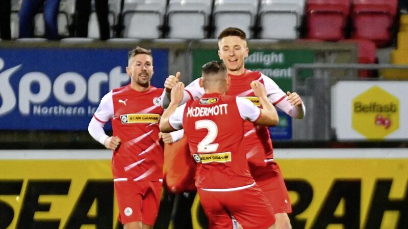 Cliftonville&#39;s Ryan Curran celebrates scoring the winner against Ballymena United at Solitude on Saturday Picture by Andrew McCarroll/Pacemaker 