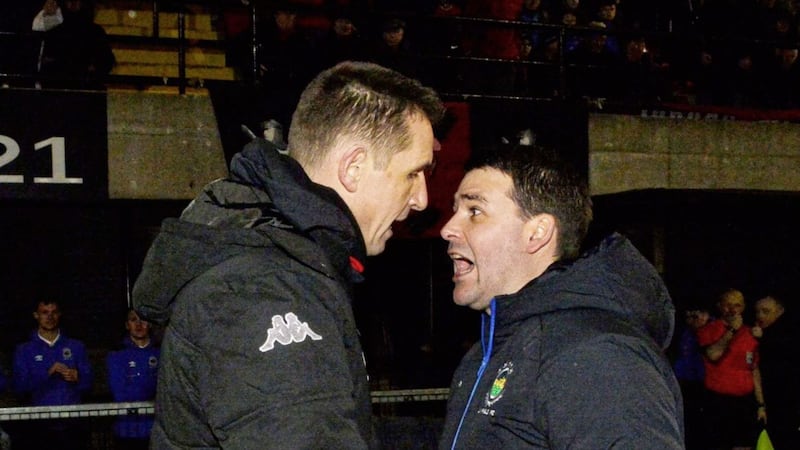 Crusaders Stephen Baxter tries to calm Linfield boss David Healy after he was sent off in their last encounter at Seaview 